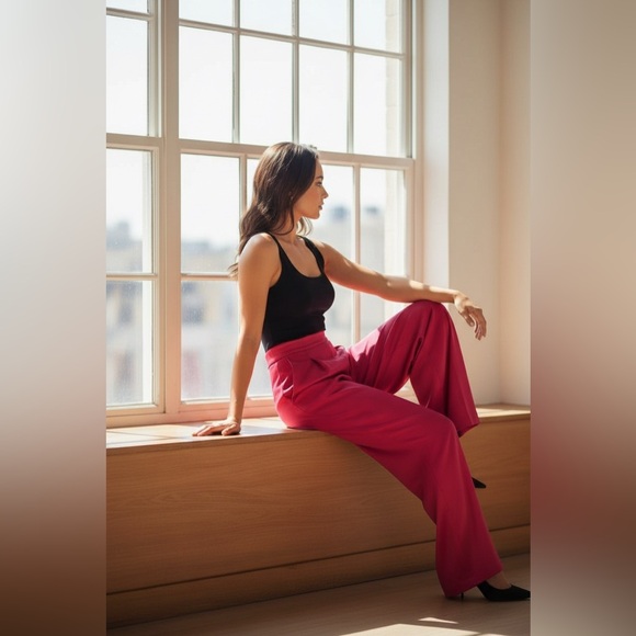 Zara Red Shimmer High-Waist Pleated Wide Leg Pants Size S - Picture 5 of 15